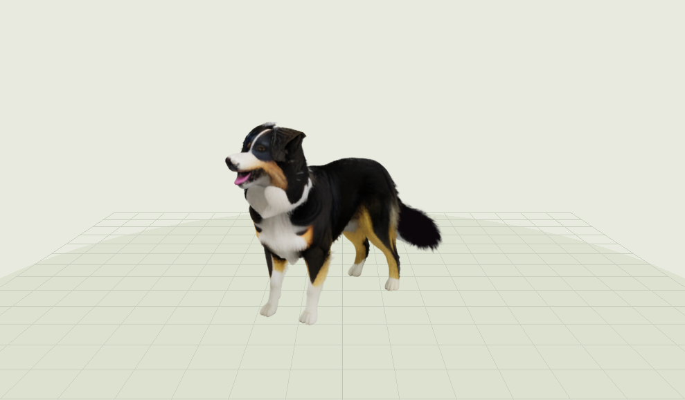Animatable Gaussian dog rendered above a grid floor